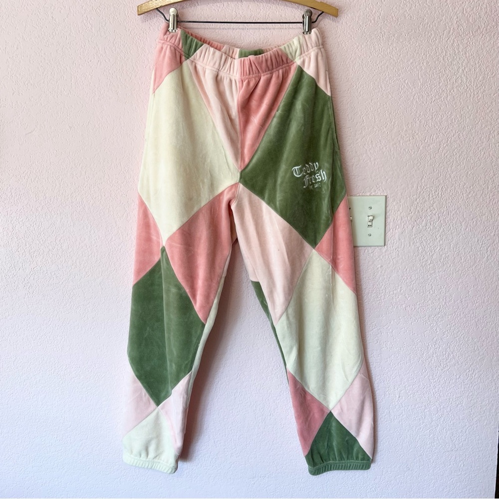 H3 Teddy Fresh pink and green argyle velour joggers
